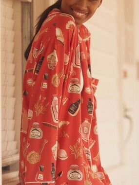 Anthropologie Red Printed Pajama Top with Toile Apothecary Motif